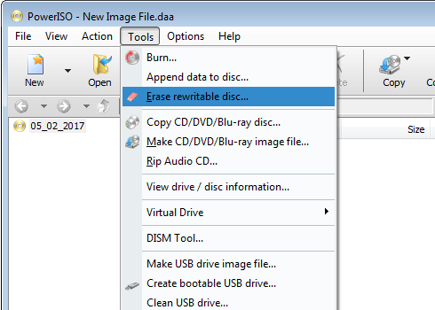 Erase CDRW, DVDRW, DVDRAM, or BDRE discs